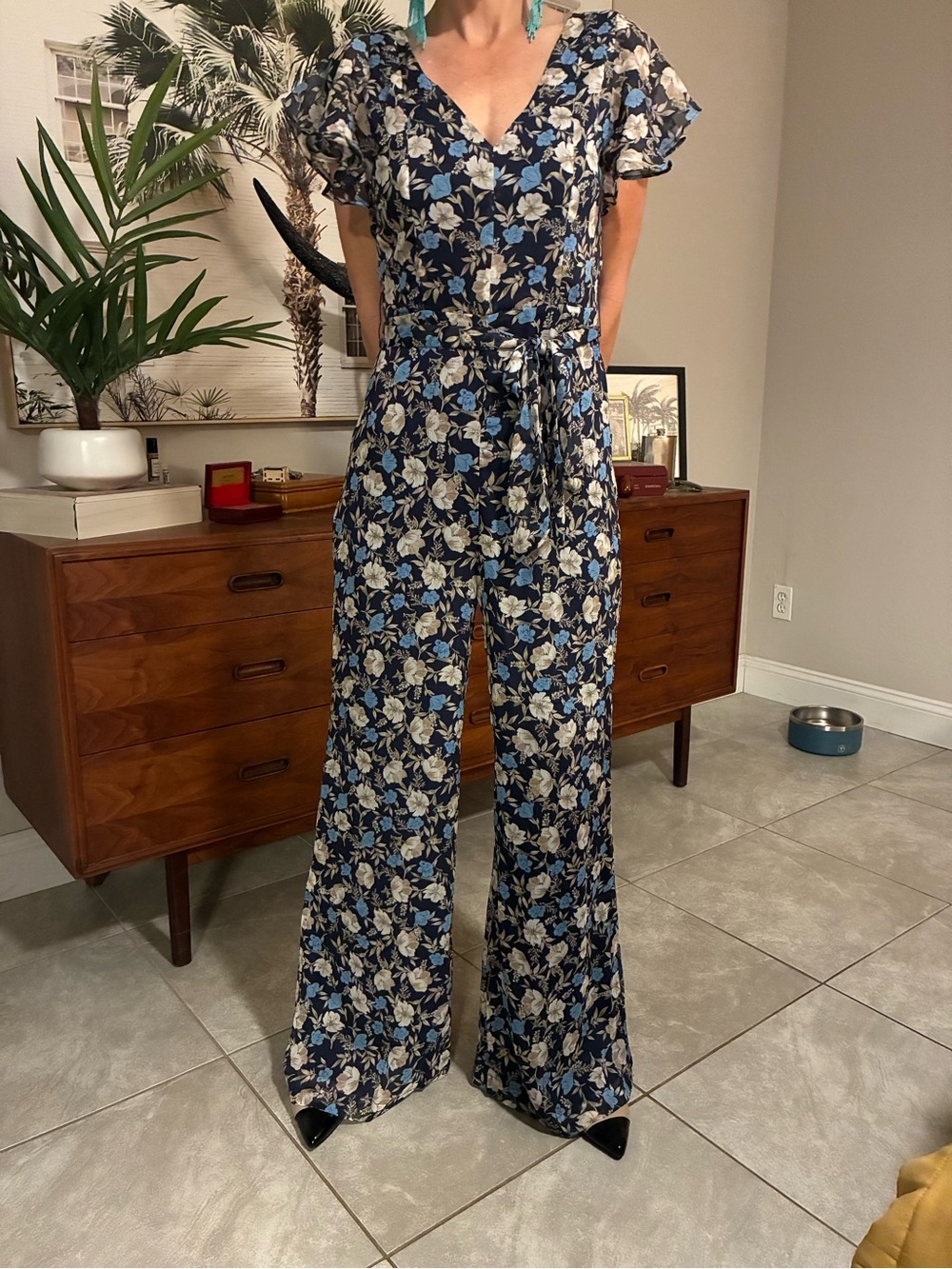 Vici Navy Floral V-Neck Wide-Leg Jumpsuit
